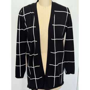 Women's Vince Camuto long open front Cardigan Size S Black White Grid Pattern